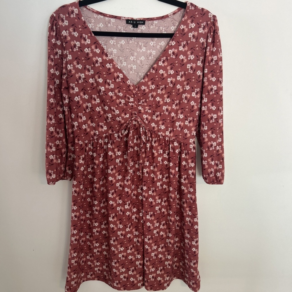 As U Wish Women' S Smocked Mini Dress Size Large Floral Front Tie Lightweight